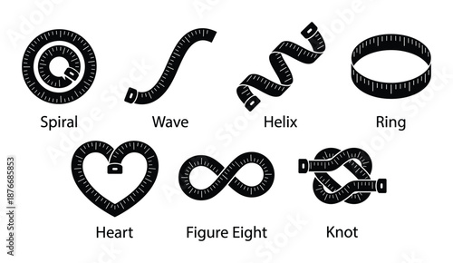 Measuring tape silhouettes in spiral, wave, helix, ring, heart, figure eight, knot shapes