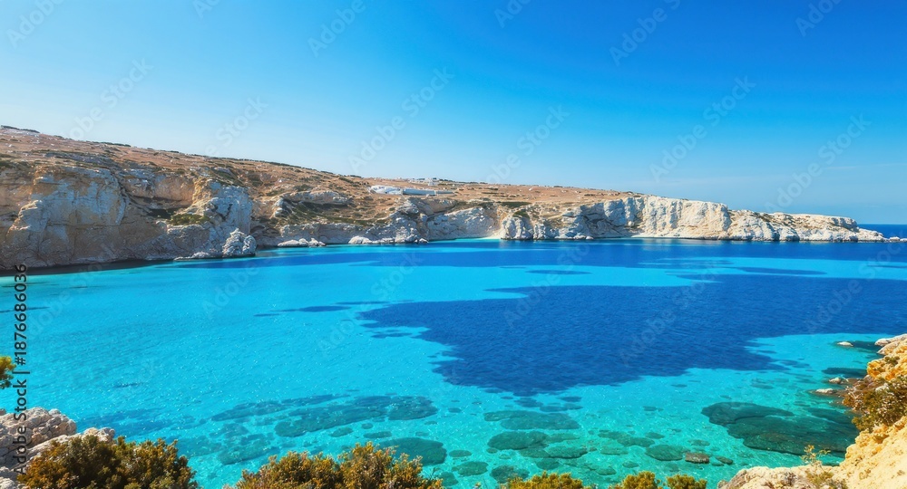 Naklejka premium Turquoise waters meet rocky cliffs under a bright blue sky, creating a scenic bay