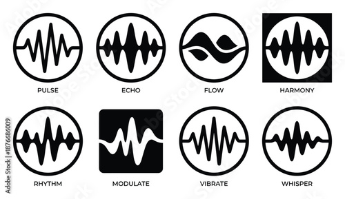 Pulse, echo, flow, harmony, rhythm, modulate, vibrate, whisper sound wave symbols, black and white icons