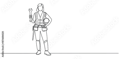 Continuous line art of a female worker holding a wrench and hard hat