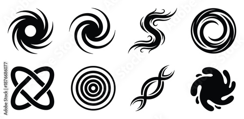 Abstract swirl shapes vector set with spirals and vortex designs, geometric, decorative, graphic illustrations.