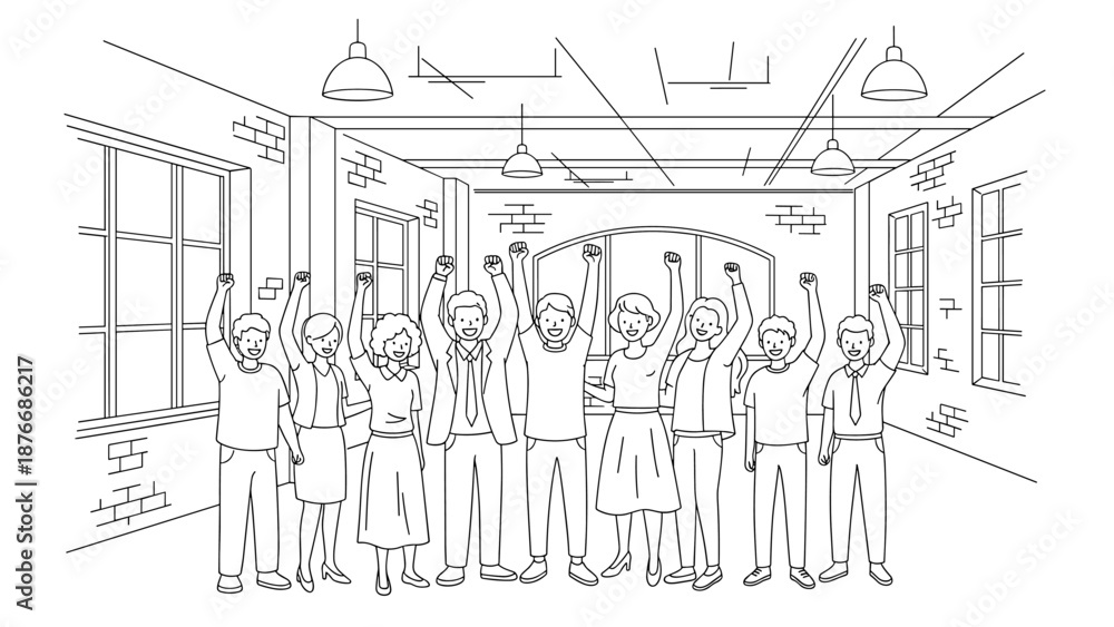 Fototapeta premium Celebratory office team in monochrome line art style with raised arms