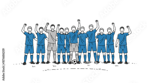 Celebratory soccer team raising arms in joyful win on the field