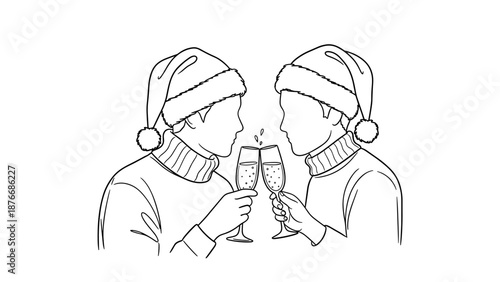 Festive holiday cheers with santa hats and champagne glasses in minimalist design