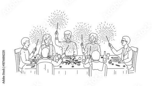 Family celebration with sparklers at festive dinner table - linear design