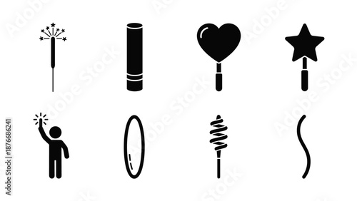 Minimalist icons: candy, star, heart, lipstick, mirror, and magic wand