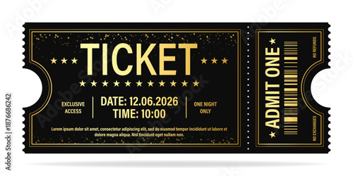 Luxury ticket vector template. Vector golden tickets isolated on whithe backgound. Cinema, theater, concert, game, party, event, festival black and gold ticket.