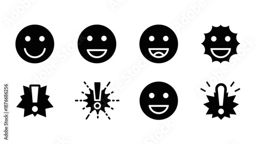 Set of black smiley and exclamation icons with sunburst design on white background