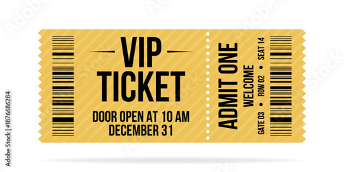 Luxury ticket vector template. Vector golden tickets isolated on whithe backgound. Cinema, theater, concert, game, party, event, festival black and gold ticket.