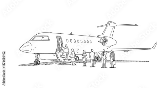 Silhouette of business travelers boarding airplane in line art style