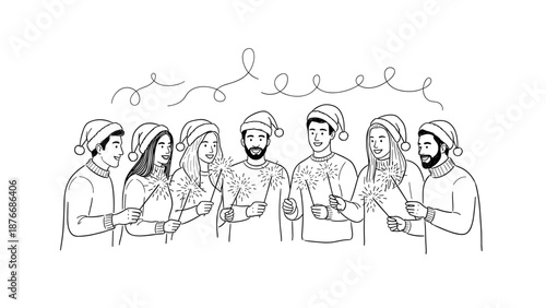 Festive gathering: group celebrating with sparklers and santa hats in linear style
