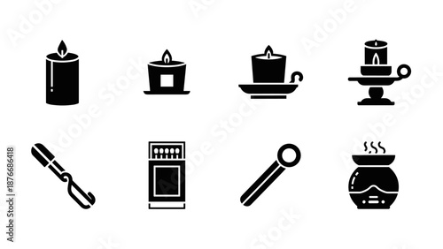 Minimalist candle and aromatherapy icon set for home relaxation and decor