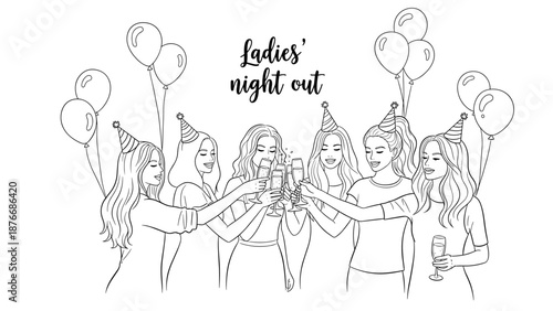 Ladies night out celebration with party balloons and toasting friends in linear style