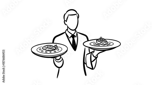 Elegant minimalist waiter holding gourmet dishes in linear design