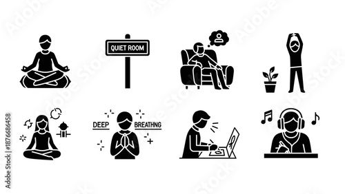 Mindfulness and relaxation icons: meditation, deep breathing, mental wellness, quiet room, stress relief