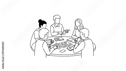 Team brainstorming session around table with cards in linear style