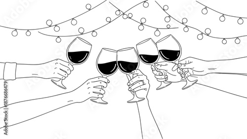 Celebratory wine toast with friends under festive string lights in black and white line art