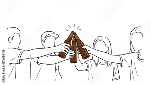 Minimalistic line art of friends toasting with beer bottles