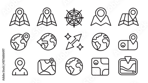 Collection of line map and globe icons for travel itinerary planning navigation and positioning
