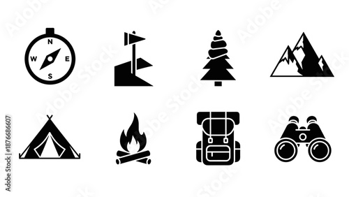 Camping icons set: adventure silhouette featuring compass, tent, mountain, and more