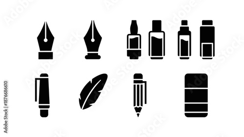 Collection of black pen icons in minimalist silhouette design