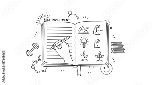 Inspirational journal with self investment ideas and motivational icons in minimalist style