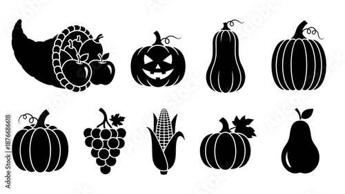 Autumn harvest silhouette collection: pumpkins, corn, and seasonal fruits