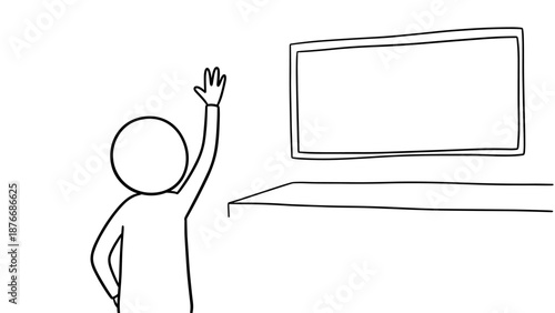 Minimalist classroom scene with student raising hand in front of board
