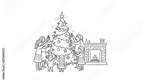 Family decorating christmas tree by fireplace: festive line art scene
