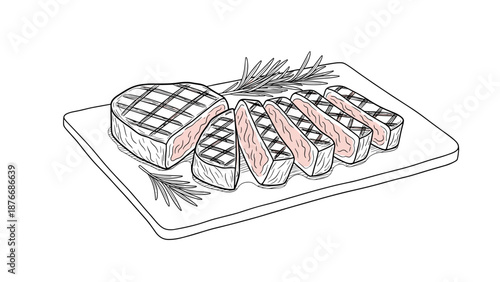 Grilled steak slices with rosemary on cutting board
