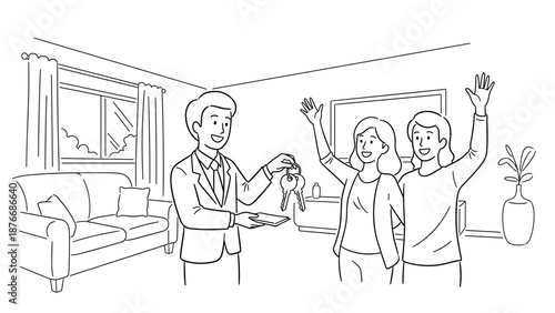 Happy couple receiving new home keys in minimalist living room