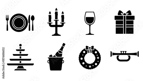 Festive holiday silhouettes: dining, decor, and celebration icons