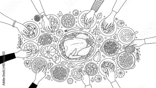 Festive family meal with hand-drawn dishes and shared plates