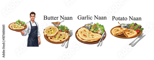 A chef presenting a delicious selection of butter, garlic, and potato naan with fresh salad. Food vector Icons Set.