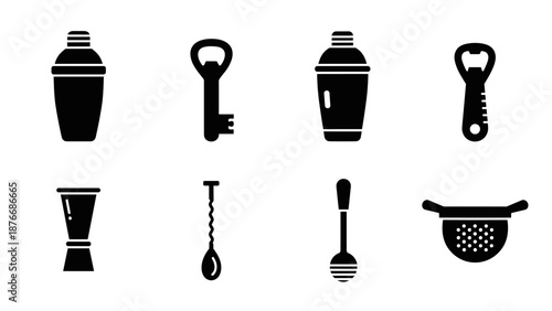 Essential bar tools silhouette: shakers, openers, strainer, muddler, bar spoon icons