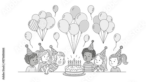 Cartoon kids celebrating birthday with balloons and cake