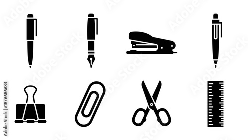 Essential office tools set with stationery items in black icons on white background