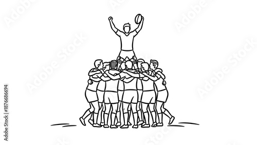 Team celebrating rugby victory with enthusiastic player standing on teammates