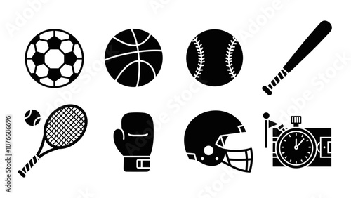 Dynamic sports icons: baseball, basketball, soccer, and more in bold silhouette style