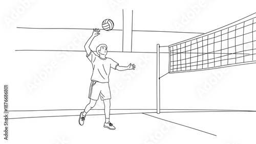 Line art volleyball serve: dynamic sports scene in a minimalist style