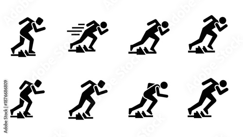 Dynamic silhouette icons of sprinters in various poses for sports and fitness concepts