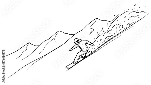 Snowboarder carving down mountain slope in dynamic outline drawing