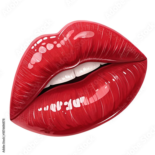 Glossy red lips illustration with smooth highlights, bold color saturation.