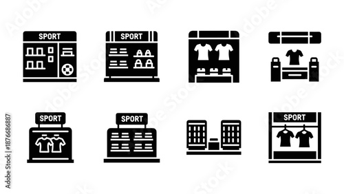 Monochrome sport store icons collection for retail and e-commerce design