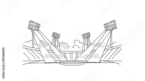 Linear stadium lights under cloudy sky in minimalist design