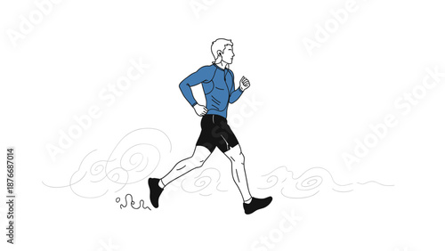 Minimalist line drawing of a man jogging outdoors with abstract wind trails