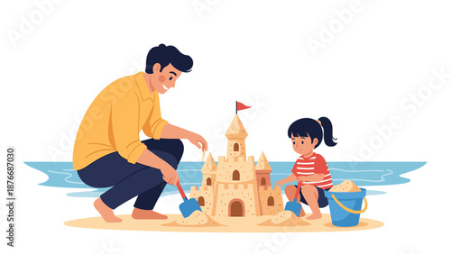 Father and daughter enjoying beach time building sandcastle together