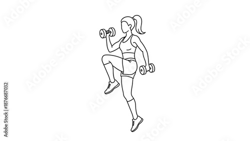 Woman exercising with dumbbells in linear outline style on white background