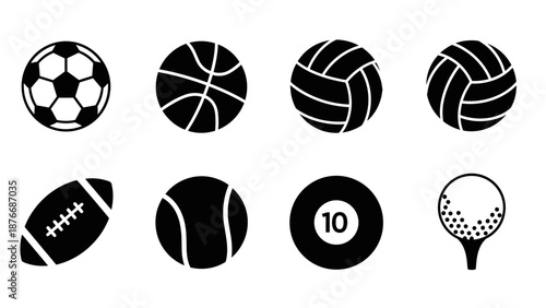 Silhouette collection of popular sports ball icons for diverse athletic themes