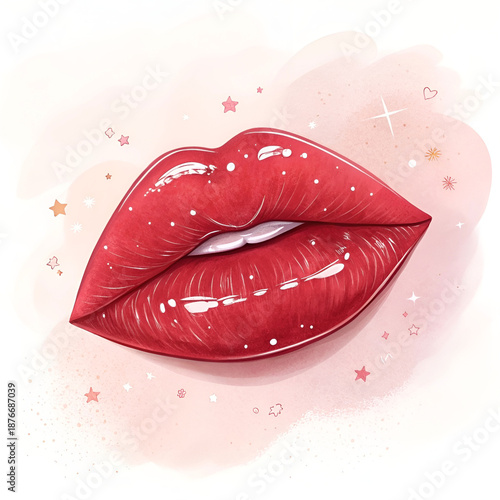 Glossy red lips illustration with smooth highlights, bold color saturation.